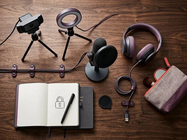 A webcam, compact ring light, microphone, headphones, privacy cover and planning notebook